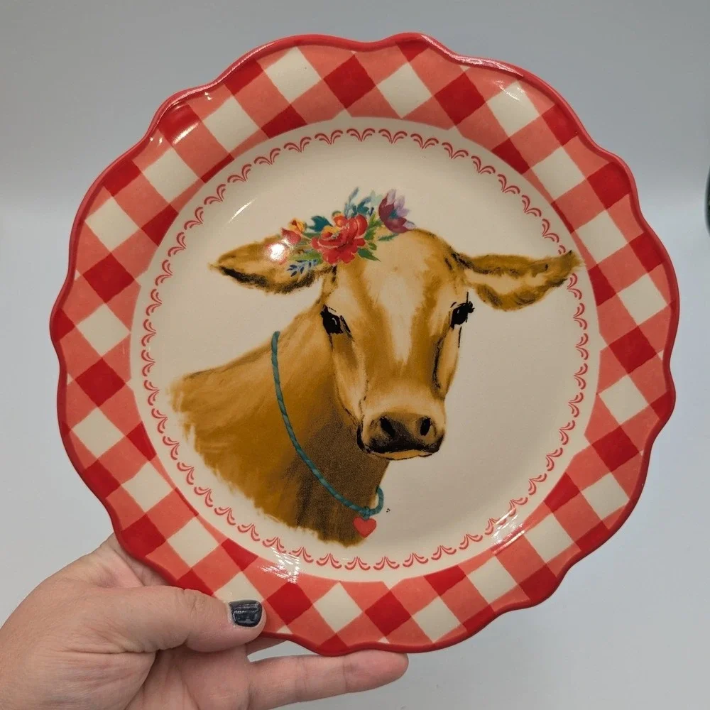 The Pioneer Woman Salad Plate Red Gingham Cow Floral Stoneware